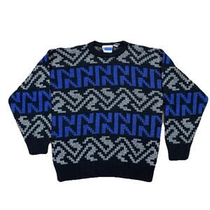 VTG Sweater Graphix Geometric Knit Sweater XL Made USA 80s 90s Blue Black